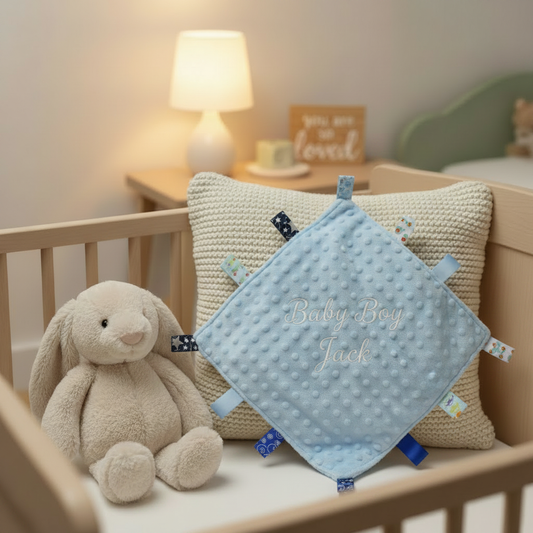 Blue Taggy Comforter - Baby Boy Jack - Lighter Blue - White Thread - Nursery Cot Mockup
