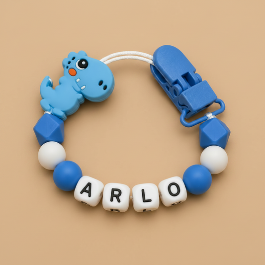 Personalised Dinosaur Dummy Clip - Blue & White (Silicone Letter Design)