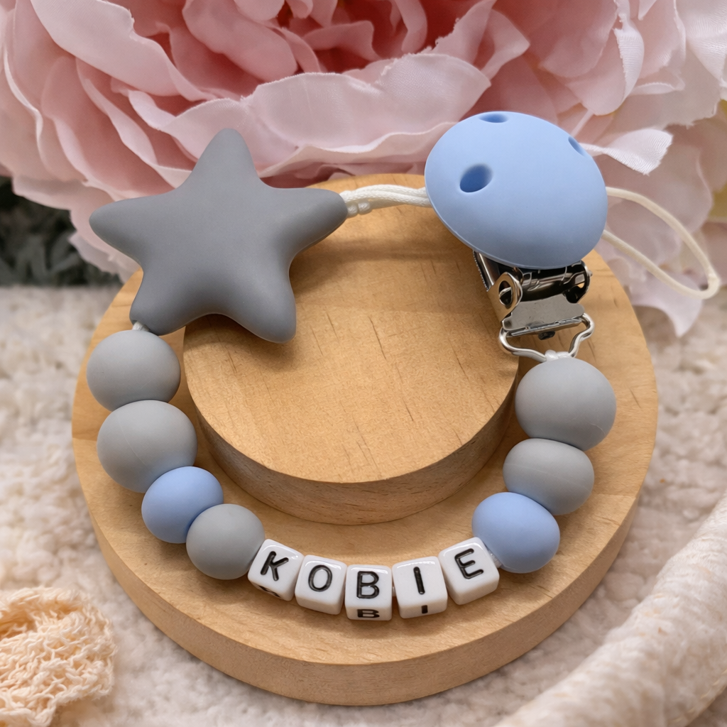 Personalised Grey & Blue Star Dummy Clip (Small Plastic Letter Design)
