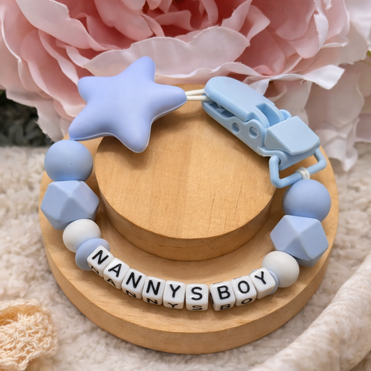 Personalised Blue Star Dummy Clip (Small Plastic Letter Design)