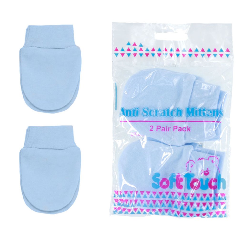 Two blue anti-scratch mittens with packaging labeled 'Soft Touch' on a white background.