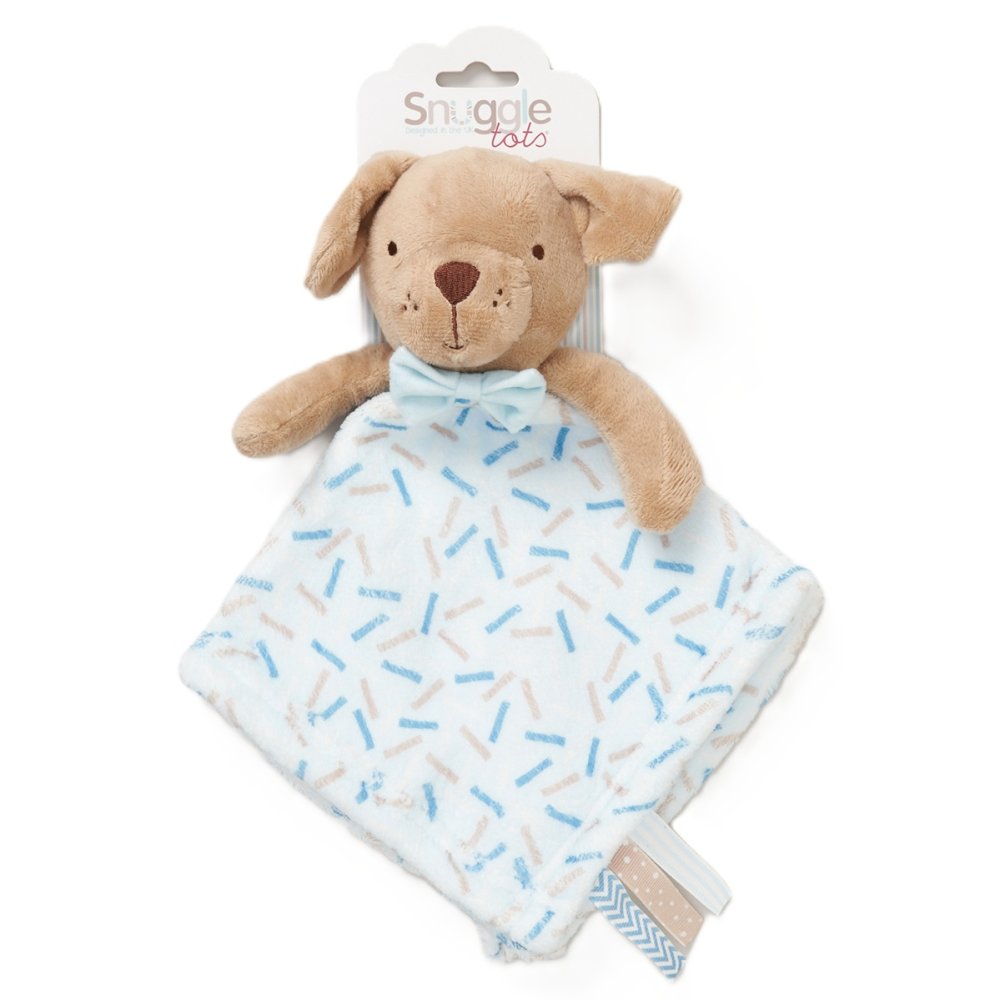 Plush dog toy with a patterned blanket on a white background, branded as Snuggles Toys.