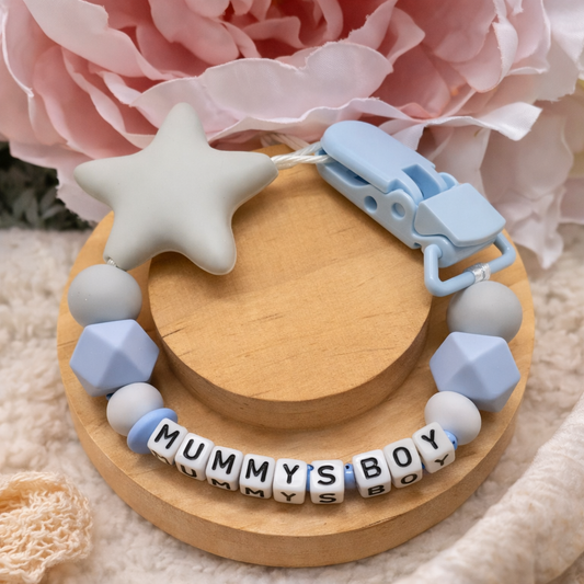 Personalised White & Blue Star Dummy Clip (Small Plastic Letter Design)
