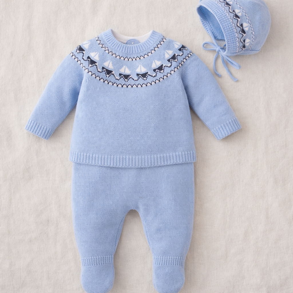 Blue Sailboat Spanish Knitted Baby Set with Bonnet