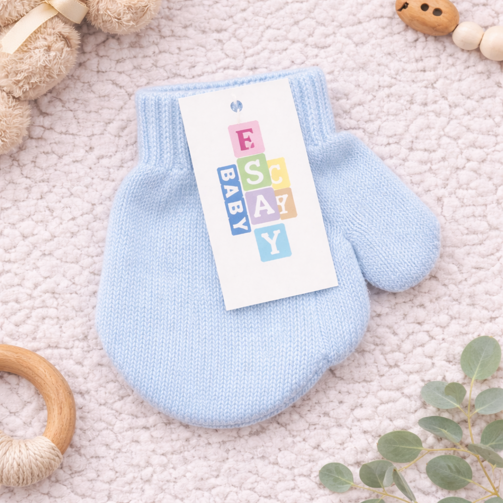 Lifestyle mockup of a newborn peacefully sleeping while wearing pastel blue knit hand mittens. Styled with a soft cream outfit, plush blanket, and gentle neutral tones to highlight comfort, warmth, and everyday baby essentials.