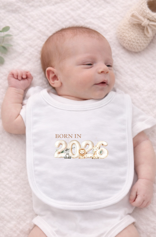 Born in 2026 Baby Bib with Woodland Animals