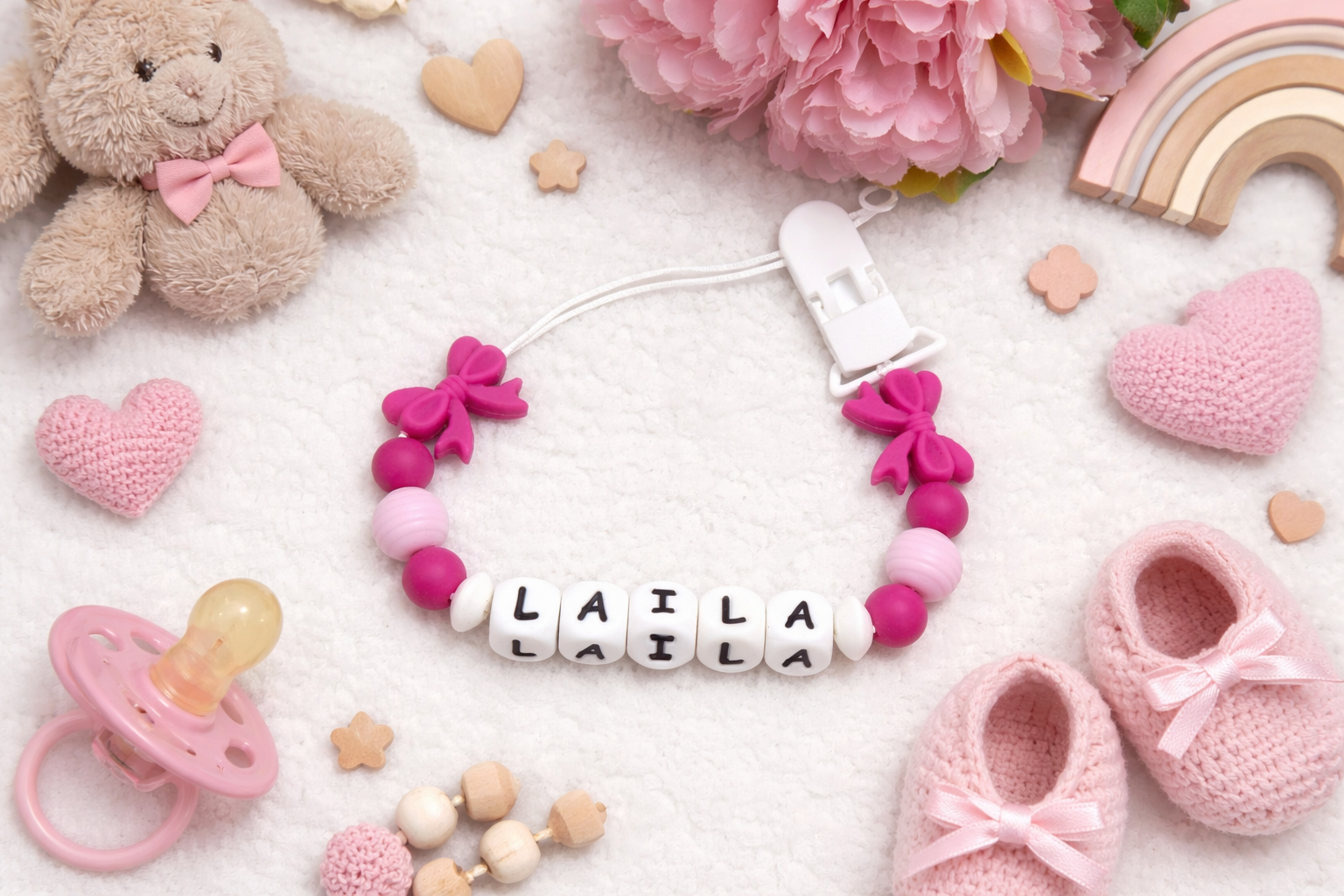 personalised bright pink silicone dummy clip