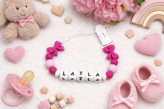 personalised bright pink silicone dummy clip