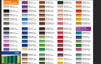 Color chart for Brother threads with various color swatches and names.