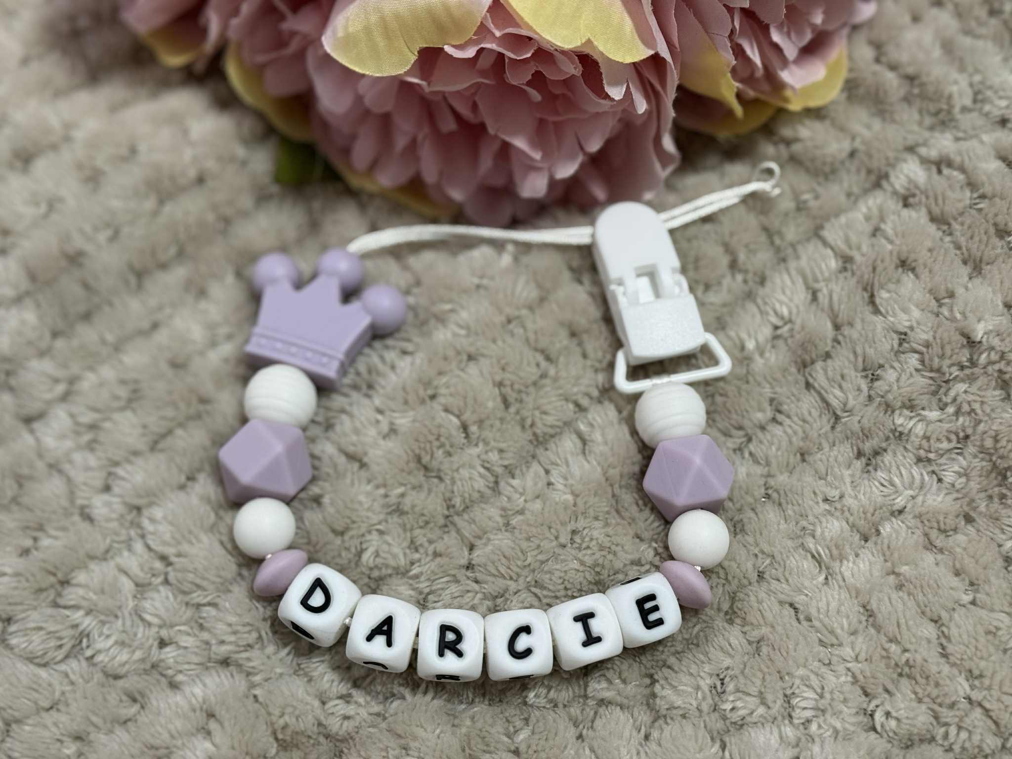 Personalised Dummy holder, Pacifier chain, Mam dummy clip new baby gift - CROWN