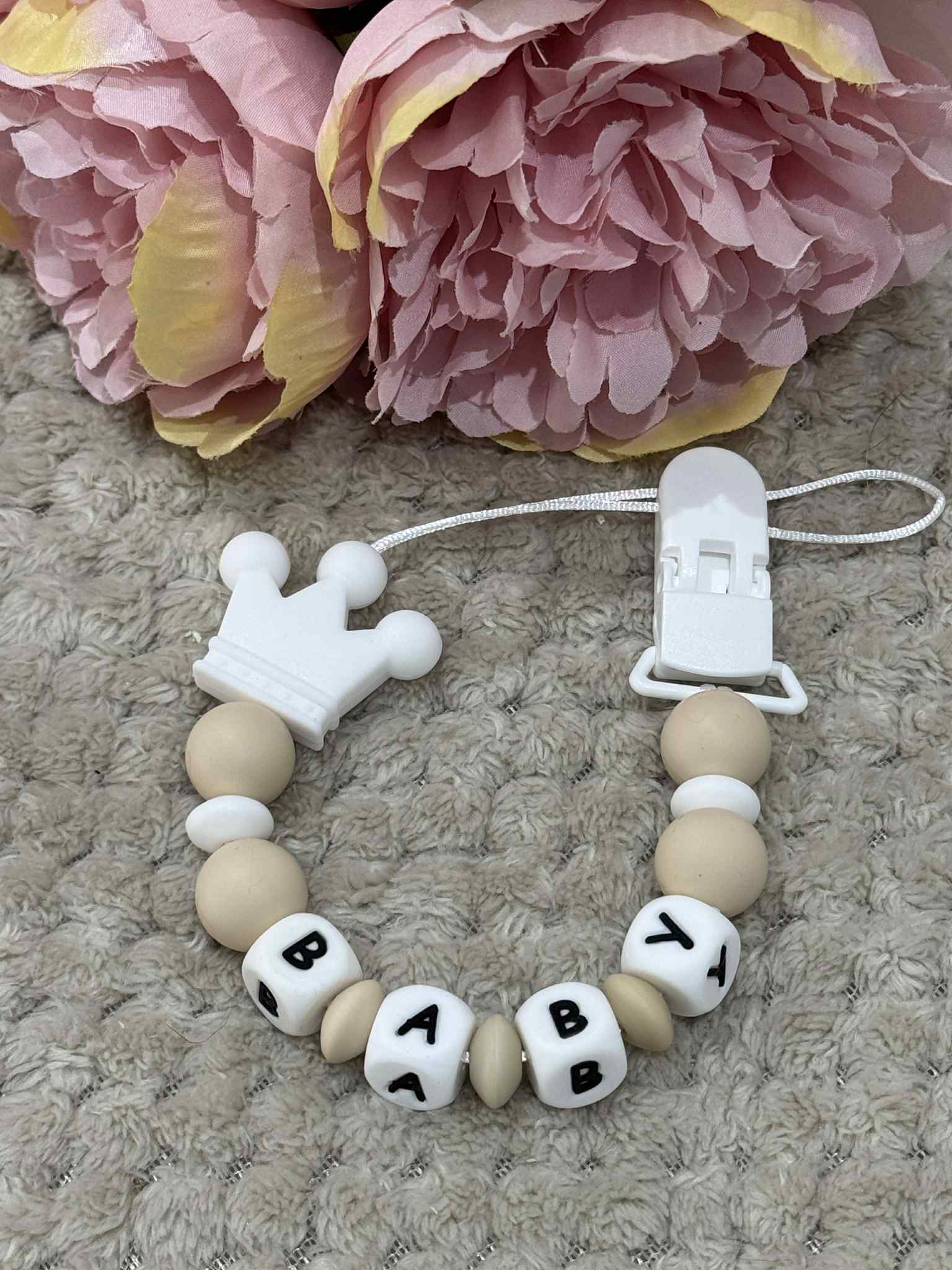 Personalised Dummy holder, Pacifier chain, Mam dummy clip new baby gift - CROWN