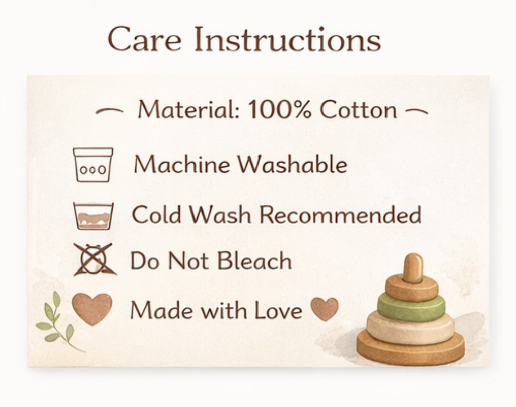 Care instructions label for a product with a wooden toy stacker illustration.