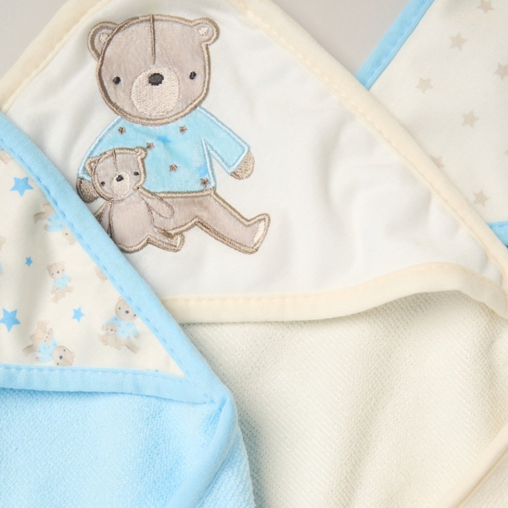 Baby blanket with teddy bear design on a light background