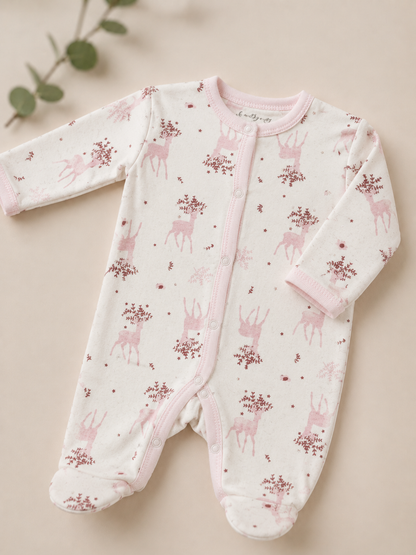 Baby onesie with deer pattern on a beige background