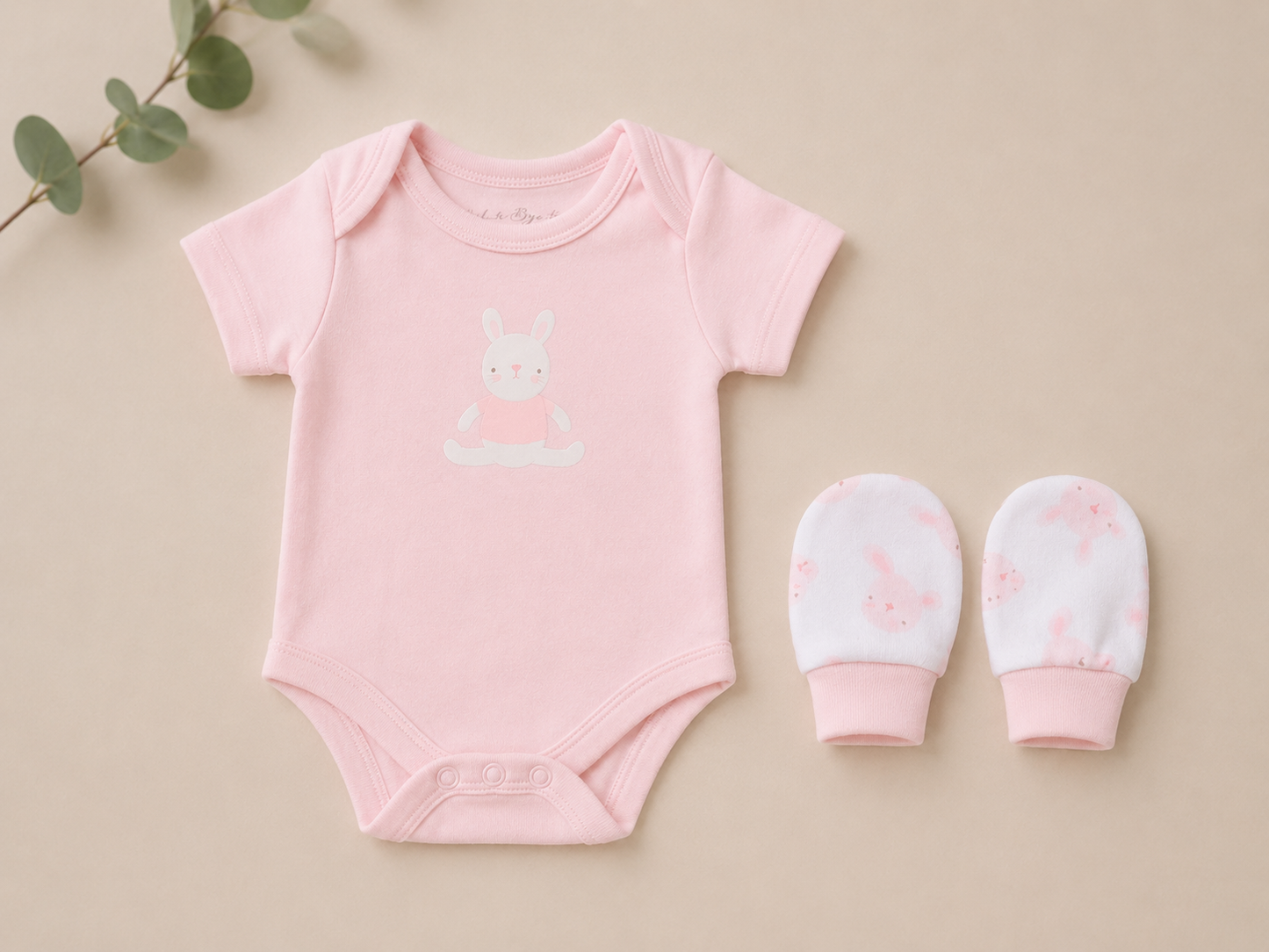 Pink baby onesie with a bunny design and matching mittens on a beige background.