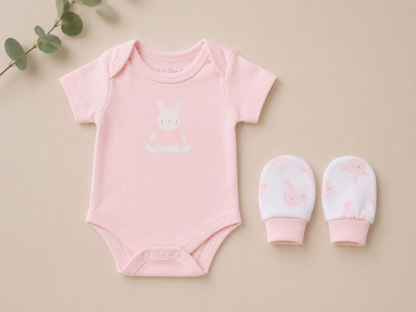 Pink baby onesie with a bunny design and matching mittens on a beige background.