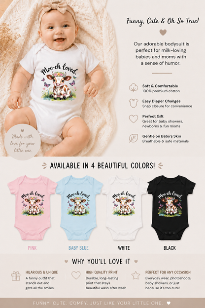 Baby wearing a 'Most Loved' onesie with cow illustration, surrounded by product details and color options.