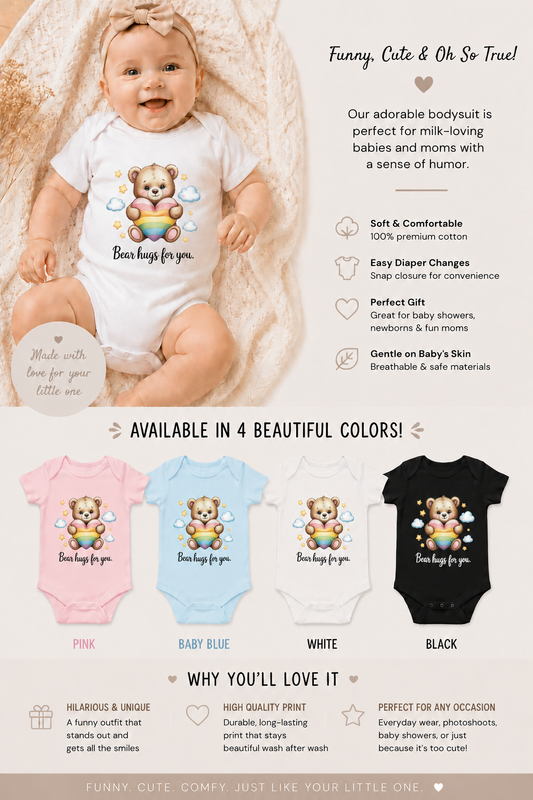 Baby wearing a onesie with a teddy bear design and text, surrounded by color options and product features.