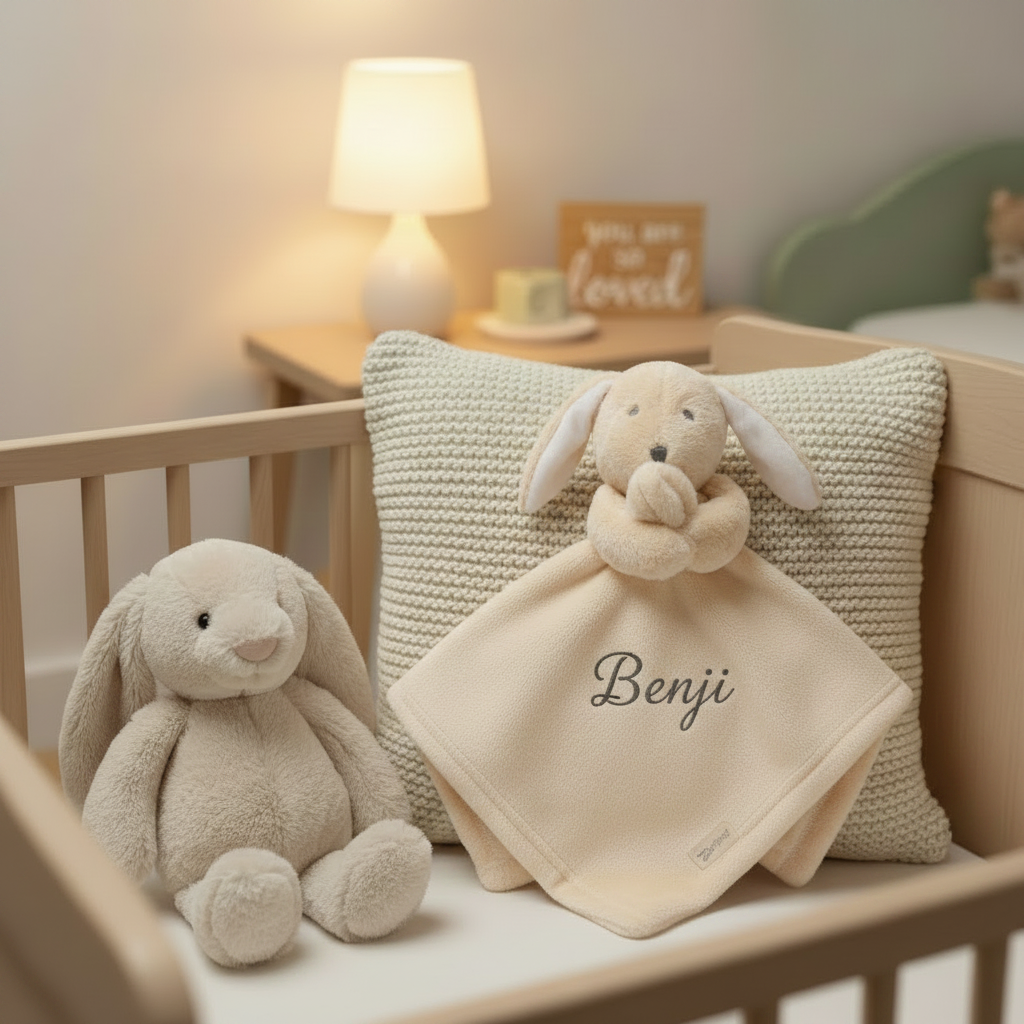 Cream Bunny Comforter - Benji - Steel Grey Thread - Nursery Cot Mockup