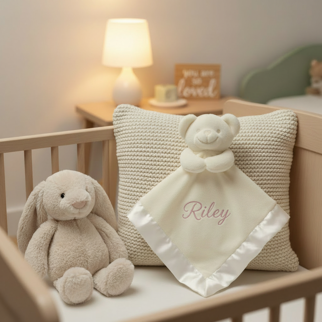 Cream Teddy Bear Comforter - Dusty Rose Embroidery