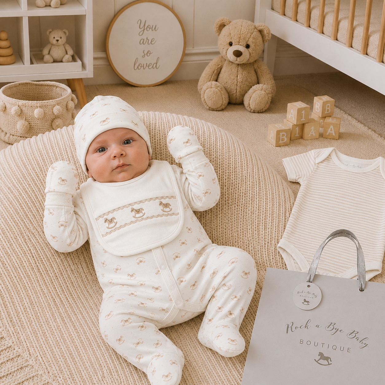 Newborn baby in a white outfit lying on a textured rug with teddy bear and wooden blocks in the background.