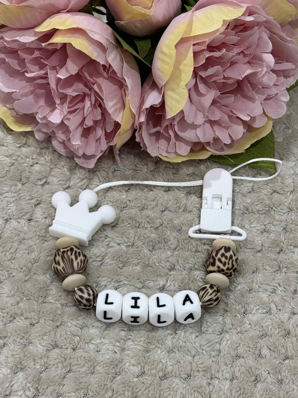 Personalised Dummy holder, Pacifier chain, Mam dummy clip new baby gift - CROWN