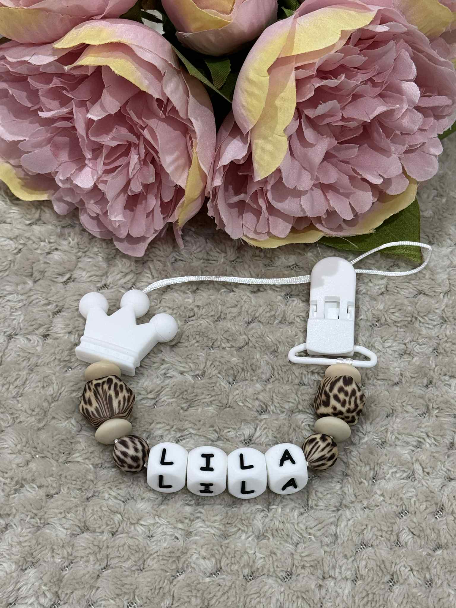 Personalised Dummy holder, Pacifier chain, Mam dummy clip new baby gift - CROWN