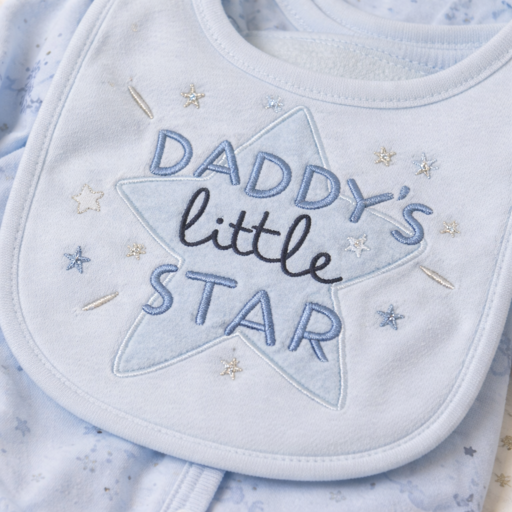 Baby bib with 'Daddy's little star' text on a soft fabric background