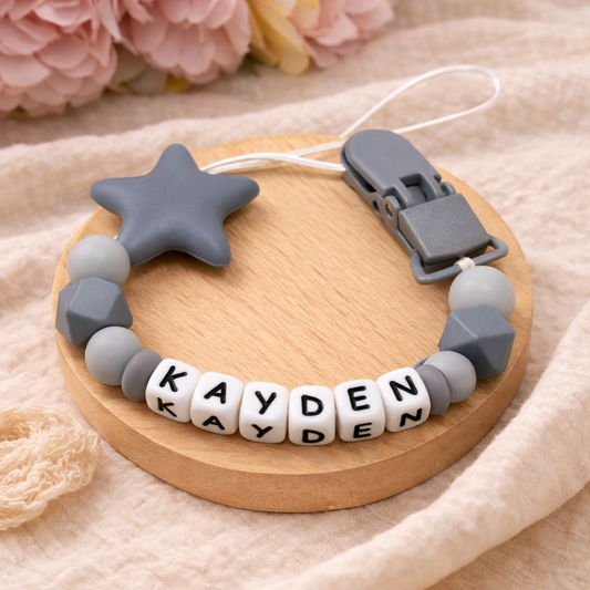Personalised Grey Star Dummy Clip (Silicone Letter Design)