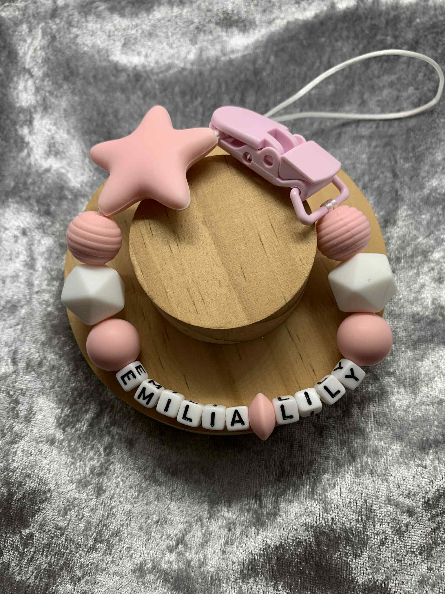 pink and white silicone dummy clip for baby girls