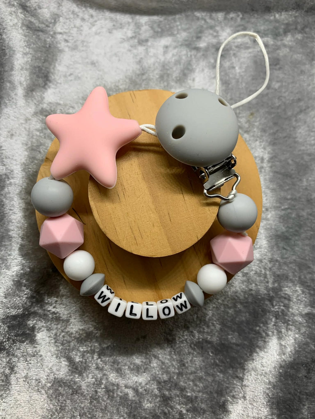 pink, grey and white silicone dummy clip for baby girls