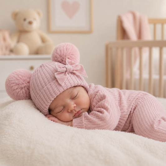 Dusty Pink Ribbed Double Pom Pom Baby Hat with Bow – Newborn to 12 Months