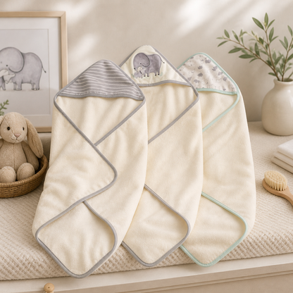Two baby hooded towels with elephant designs on a neutral background