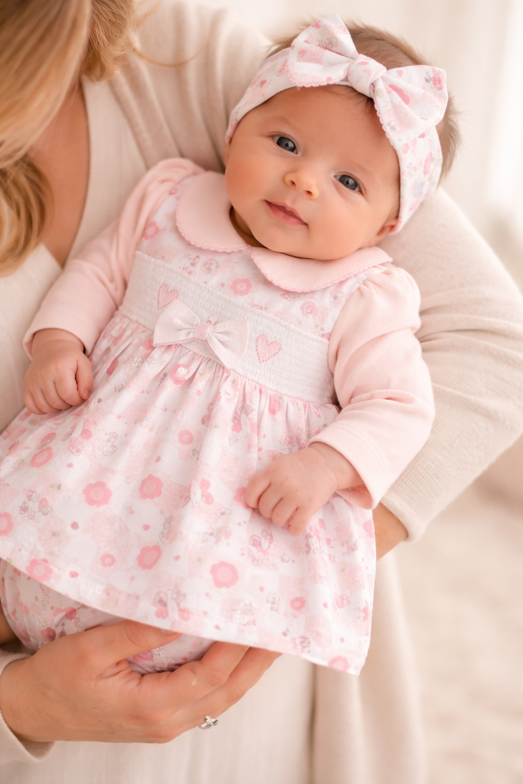 Pink Floral Heart Baby Dress Set with Headband & Socks
