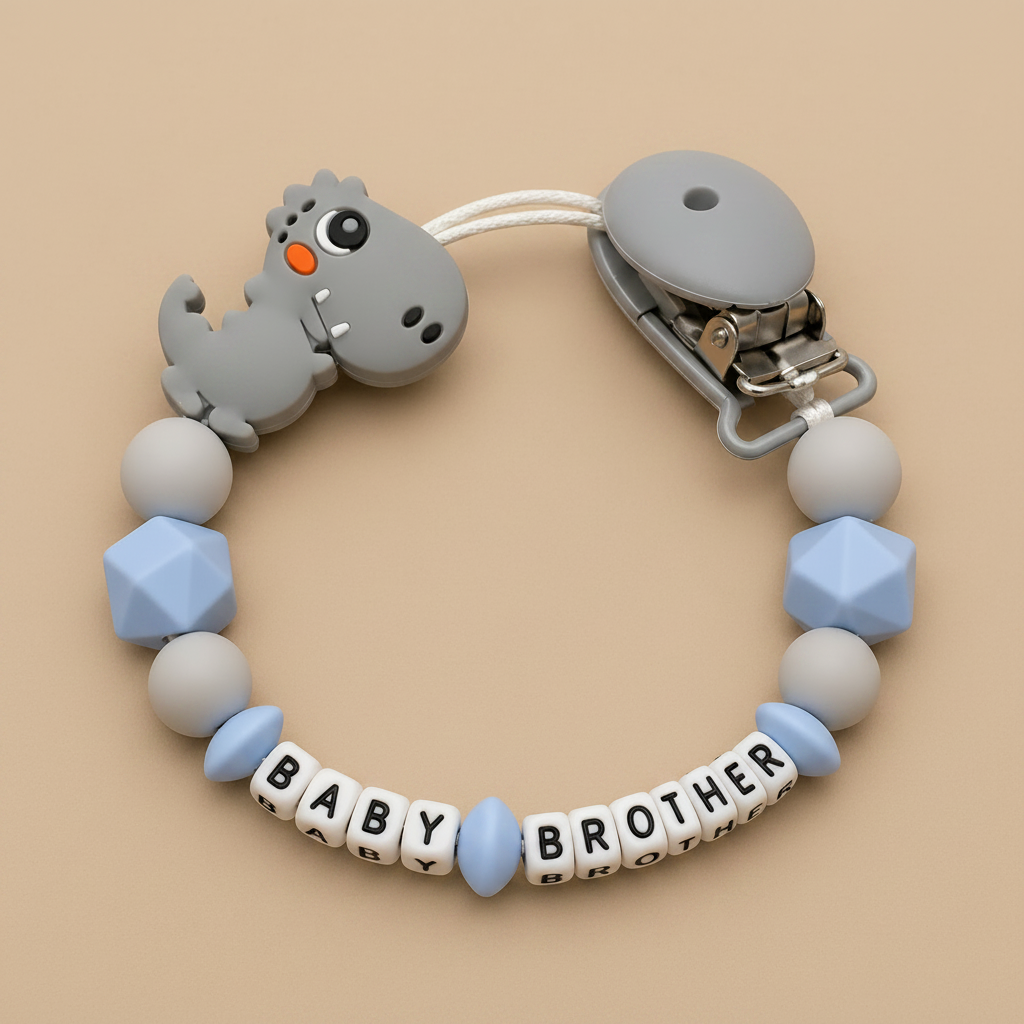 Personalised Dinosaur Dummy Clip - Grey & Blue (Plastic Letter Design)