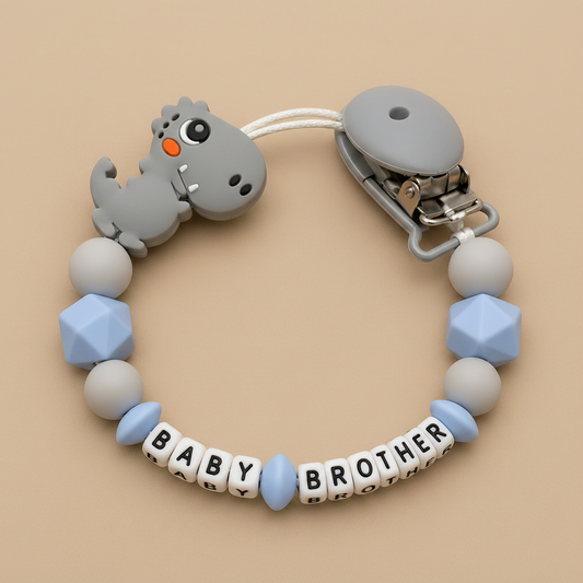 Personalised Dinosaur Dummy Clip - Grey & Blue (Plastic Letter Design)
