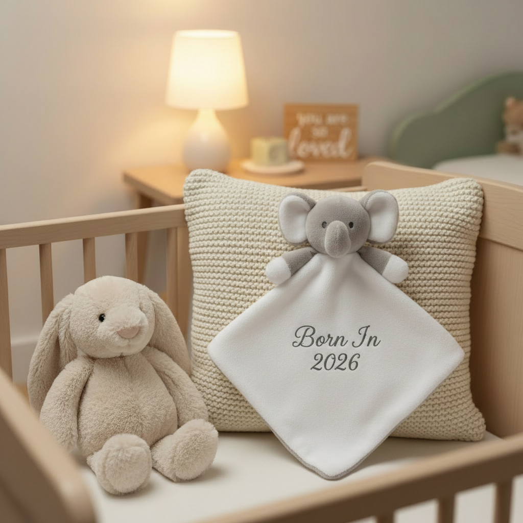 Grey Elephant Comforter - Born In 2026 - Dark Grey Thread