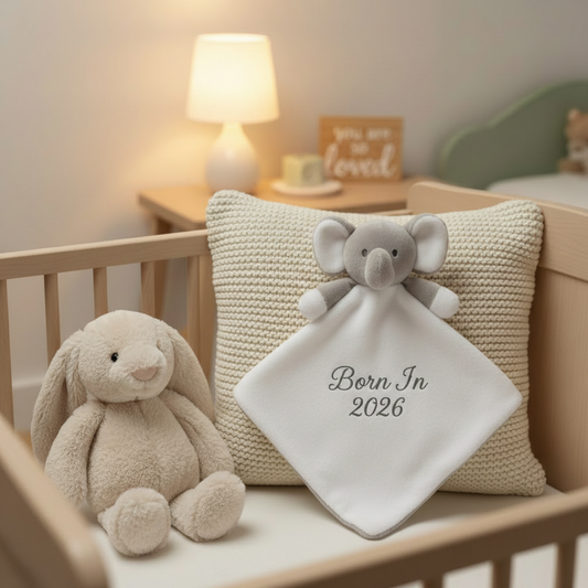 Grey Elephant Comforter - Born In 2026 - Dark Grey Thread