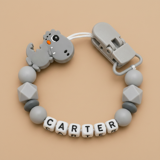 Personalised Dinosaur Dummy Clip - Grey (Plastic Letter Design)