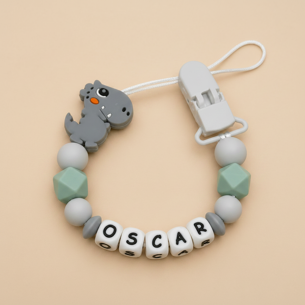 Grey & Sage Dinosaur Dummy Clip - Beige Background