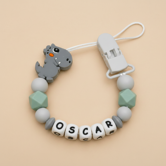Grey & Sage Dinosaur Dummy Clip - Beige Background