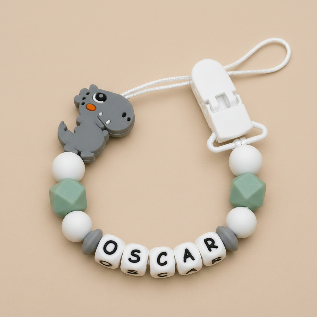 Grey & Sage Dinosaur Dummy Clip - Beige Background