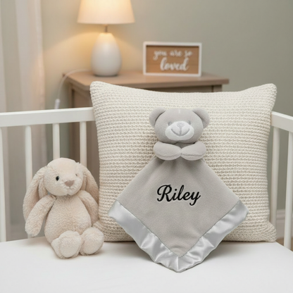 Grey Teddy Bear Comforter - Black Embroidery