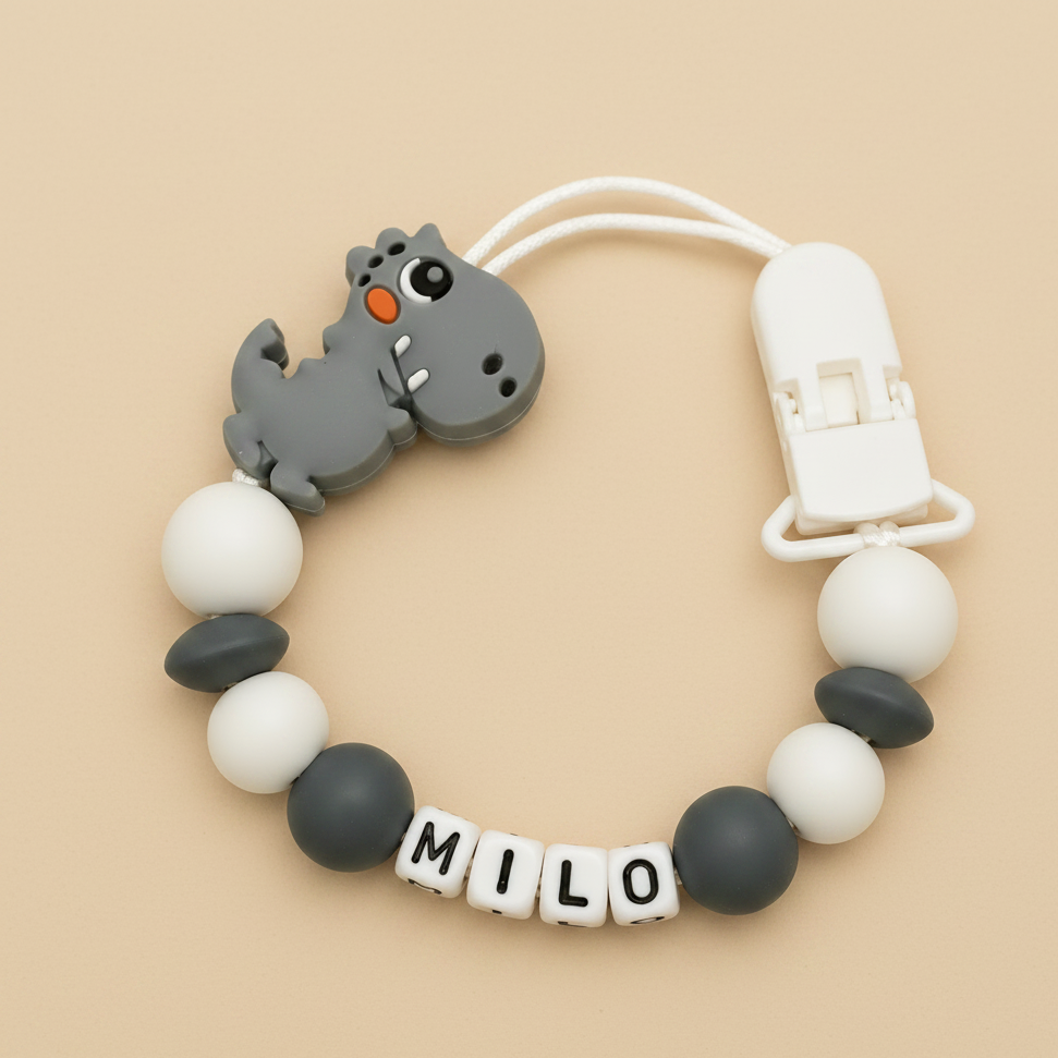 Personalised Dinosaur Dummy Clip - Grey & White (Plastic Letter Design)