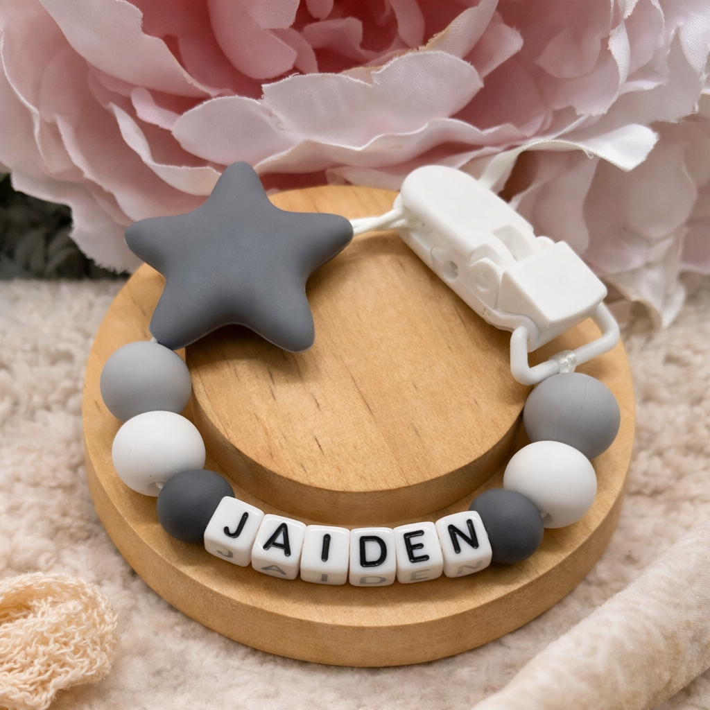 Personalised Grey & White Star Dummy Clip (Small Plastic Letter Design)