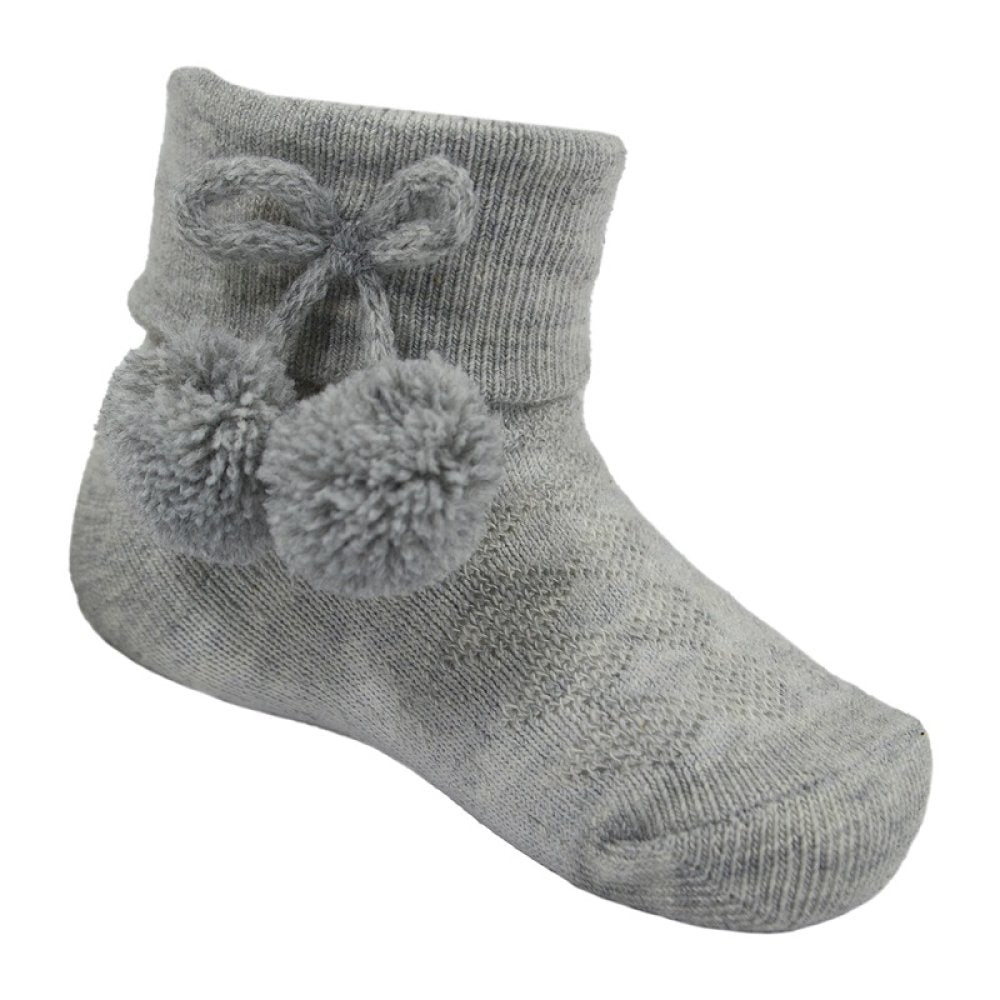 Grey Ankle Pom Pom Socks - 0-24 Months