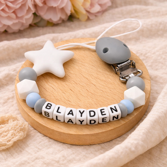 Personalised Grey & Blue Star Dummy Clip (Small Plastic Letter Design)