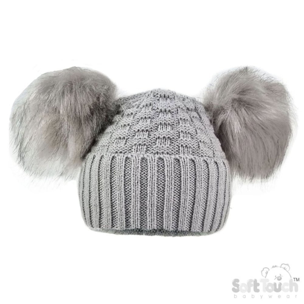 Gray knit beanie with two gray pom-poms on a white background