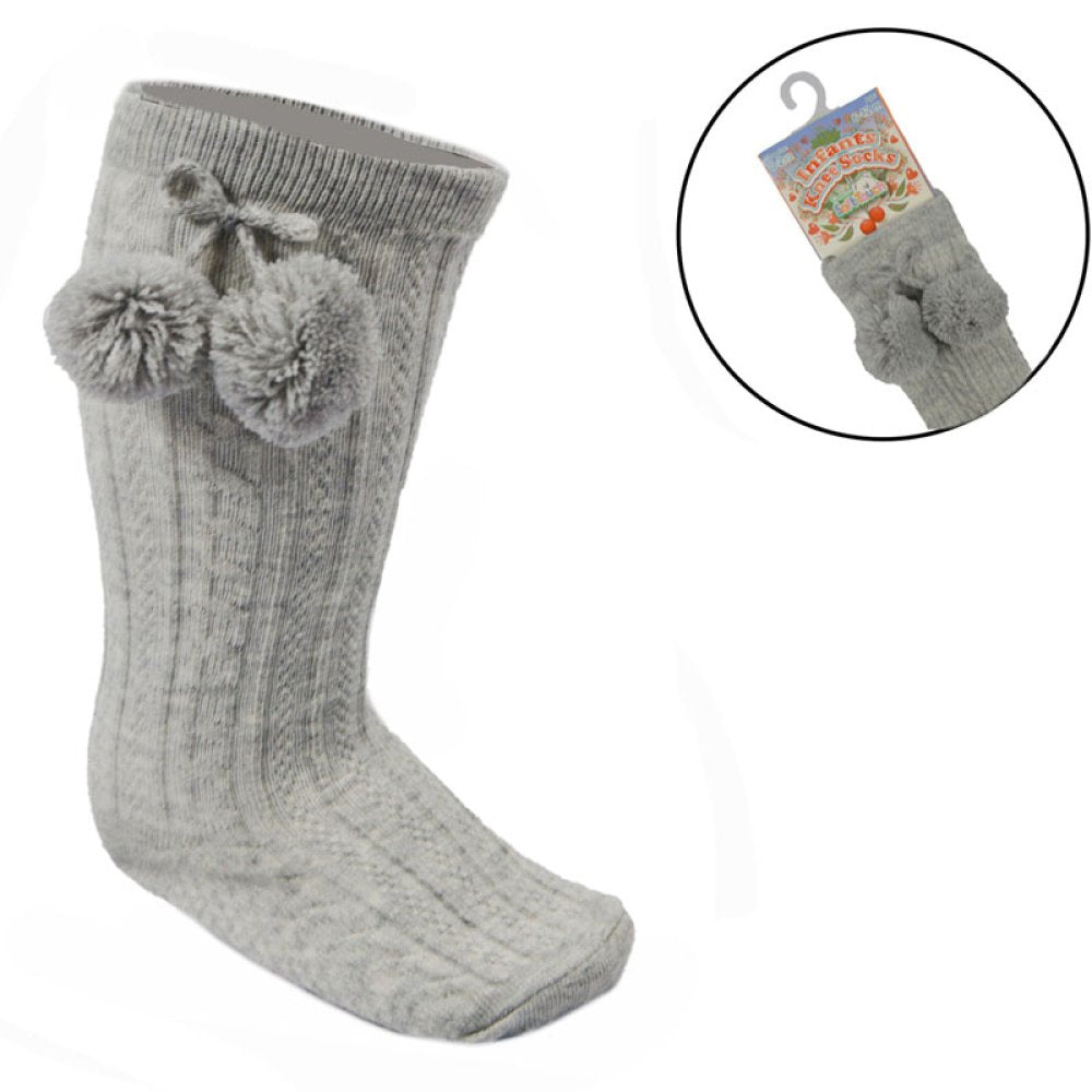 Grey Knee High Style Pom Pom Socks - 0-24 Months
