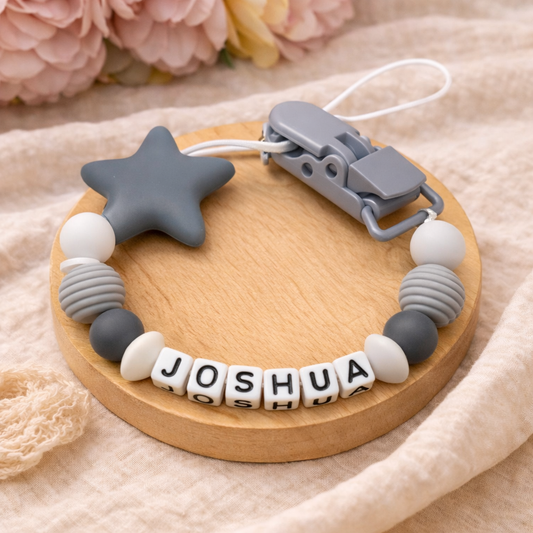 Personalised Grey Star Dummy Clip (Small Plastic Letter Design)